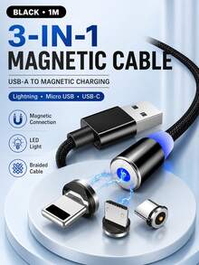 Kabel Pengisian Magnetik 3-in-1, Kabel Pengisi Daya Cepat Jalinan Nilon Berputar dengan Konektor Tipe C, Micro USB, dan Lightning, Kabel Pengisian Daya Ponsel Magnetik Kuat untuk Smartphone dan Tablet - Hitam - View 5