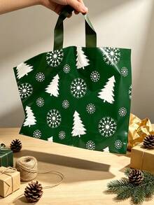 30/20/10/1pc Christmas Style Green Background Snow Tree Tote Bag/Gift Bag/Shopping Bag For Her/Him, Full Print White Christmas Tree And Snowflake Pattern, Rich And Fresh Christmas Atmosphere, Christmas Tree Shape Easy To Match - Multicolor - View 7