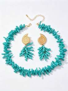 女款波希米亞風海灘度假人造珊瑚項鍊與耳環首飾套組，適合度假穿著 - 綠松石色 - 查看 7
