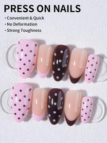 30片中長杏仁形波點法式風格假指甲套組，含1條雙面膠帶與1個指甲锉，波點美甲適合派對、舞蹈及日常使用 - 彩色 - 查看 3