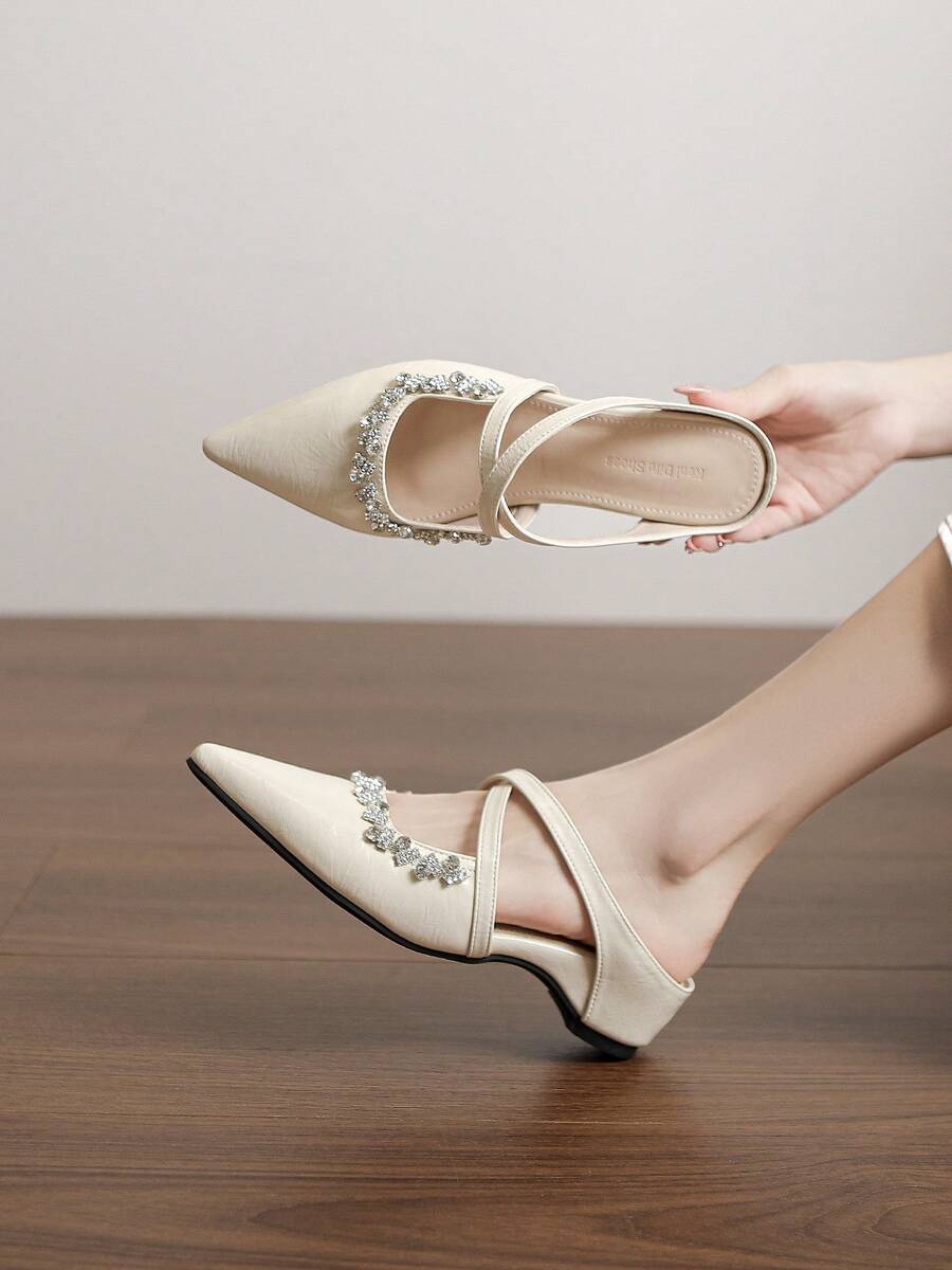 French Style Rhinestone Criss-Cross Strap Pointed Toe Backless Loafers, Glossy Toe Cap Design, 5cm Comfortable Wedge Heel Soft Sole Slip-On Mule Shoes For Party, Commute And Multi-Occasion Wear Women's Shoes - Apricot - View 1