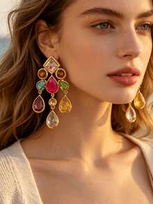 ZR Rhinestone Teardrop Pendant Earrings, Gold Exaggerated Party Jewelry - Geometric Colorful Rhinestone Earrings - View 3