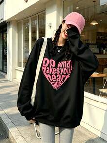 1pc Women's Long Sleeve Crew Neck Pullover Sweatshirt, Heart Print Pattern, Autumn Casual Loose Versatile Top - Black - View 3