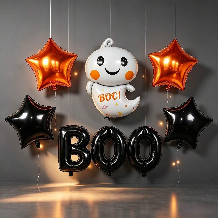 8Pcs Halloween Boo Ghost Foil Balloon Set, Black Orange Star Balloons For Halloween Party Decor - View 1