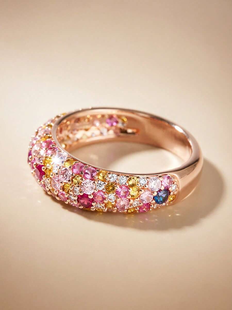 1pc Fashionable Rooster Party Ring, Round Zirconia Full Pave Mixed Color Copper Plated Rose Gold Women's Ring, Luxury Niche Design Stackable Index Finger Ring, High Color Retention - Gold - View 1