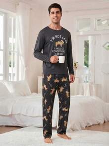 Men's Sloth Cartoon Print Pajama Set, Long Sleeve Top And Pants, Fun Letter Pattern, Casual Loungewear 2-Piece Set - Black - View 4