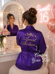 1pc Customized Personalized Pajama Set Or Robe - Satin Bridal & Bridesmaid Robe, Comfortable Loungewear, Customized Name Wedding Robe, Embroidered Design, Exclusive Bridesmaid Outfit, Personalized Satin Long Robe, Customized Bridal Outfit, Lace Trim Robe - Multicolor - View 3