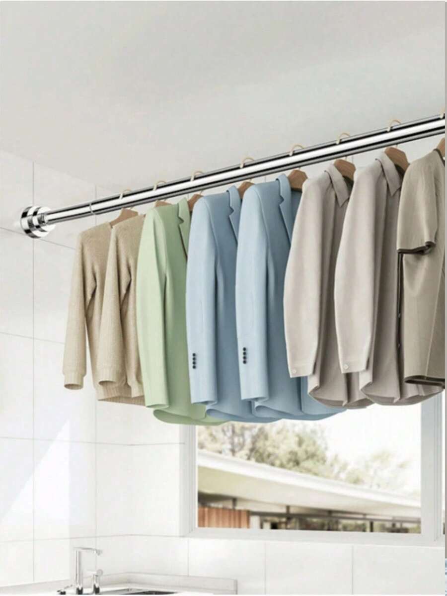 Adjustable Stainless Steel Telescopic Rod Clothes Rack, Durable No-Drill Curtain Rod, Multi-Purpose Hanging Bar, Suitable For Living Room, Laundry Room, Balcony, Bathroom Storage And Organization, Easy To Install And Use - B - View 1