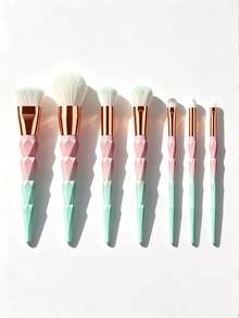 Soft Aesthetic Style Synthetic Bristle Plastic Handle Diamond Cut Faceted Design Pink Green Gradient Rose Gold Metal Band 7pcs Makeup Brush Set With PU Storage Bag Suitable For Foundation Blush Eyeshadow Blending Birthday Gift Travel Vanity All Season Use - Multicolor - View 7