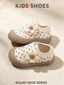 1 Pair Spring/Autumn New Baby Girl Polka Dot & Floral Walking Shoes, Soft Sole Hook & Loop Toe Anti-Kick Loafers - Beige - View 4