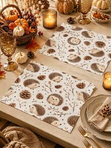 Cute Cartoon Hedgehog Pine Cone Dry Branch Print Table Runner, Throw Pillow, Placemat, Autumn Harvest Theme Table Decor, Thanksgiving Autumn Home Dining Table Fabric, Family Gathering Kitchen Restaurant Tabletop Decoration - Multicolor - View 5
