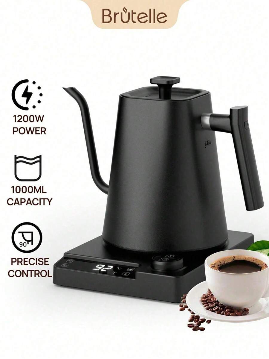 Brutelle 1200W Fast Heating Temperature Sensing Electric Kettle, 1000ml Stainless Steel Body, Auto Shut-Off & Keep Warm Function, Suitable For Home Kitchen Coffee Corner, Black