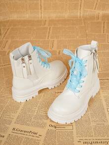 1 Pair New Autumn/Winter Fashion Ankle Boots, Round Toe Colorful Lace-Up Women's Motorcycle Boots For Outdoor Activities, Street Style Versatile Boots, White Women's Ankle Boots That Can Be Paired With Various Outfits - White - View 3