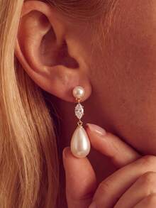 14K Gold Plated Cubic Zirconia Pearl Earrings, Hypoallergenic Gold Plated Earrings, Elegant Bridal Pearl Jewelry, Suitable For Evening Wear And Daily Wear - Gold - View 10