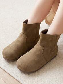 1 Pair 2026 New Children's Ankle Boots, Minimalist Back Zipper Solid Color Design, Korean Gentle Casual Style, Versatile For Daily Wear - Khaki - View 5