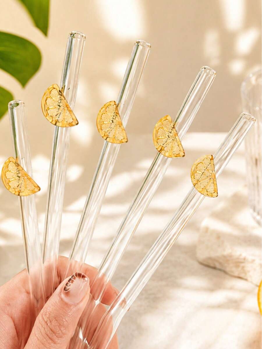 GASUDIN 1/2/5Pcs Cute Cartoon Glass Drinking Straws With Lemon Slice Charm, Reusable Bent Clear Straw Set With Straw Topper. Kitchen Accessories For Milk Tea, Juice, Cocktails & Cold Drinks, Home, Graduation, Party, With Cleaning Brush