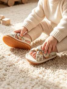 1 Pair Girls' Floral Fabric Bow Back Strap Non-Slip Flat Open Toe Sandals For Summer Daily Wear - Apricot - View 5