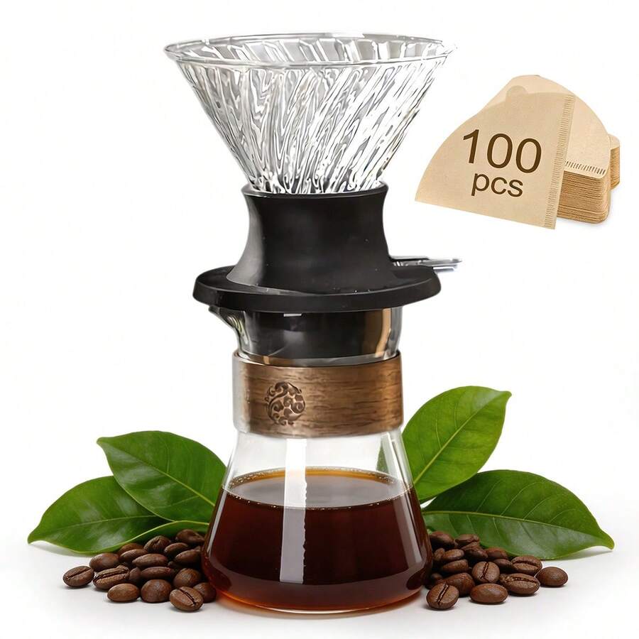 Pour Over Coffee Brewer Set, Includes Silicone Glass Filter With Switch, 17oz/500mL Transparent Glass Coffee Pot, 100pcs V02 Filter Paper, Suitable For Home, Cafe, Restaurant, Camping - Multicolor - View 1