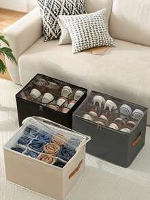 Foldable Shoe Storage Box With Dividers, Dust-Proof Zipper Shoe Storage Bin, Reinforced Handle, Multi-Compartment Shoe Organizer, Suitable For Closet, Entryway, Home - Multicolor - View 3