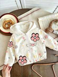 Baby Girl Floral Print Warm Hooded Jacket - White - View 2