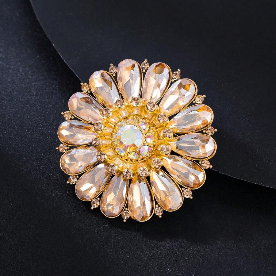 1pc Elegant Alloy Inlaid Sparkling Rhinestone Crystal Glass Sunflower Shaped Decorative Brooch Suitable For Women Party Wear