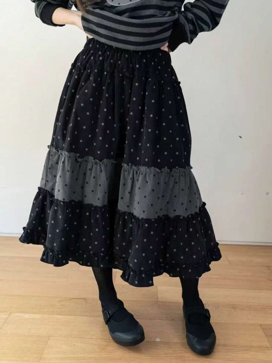 Rok Kasual Harian Wanita Motif Polkadot Patchwork - Hitam - View 1