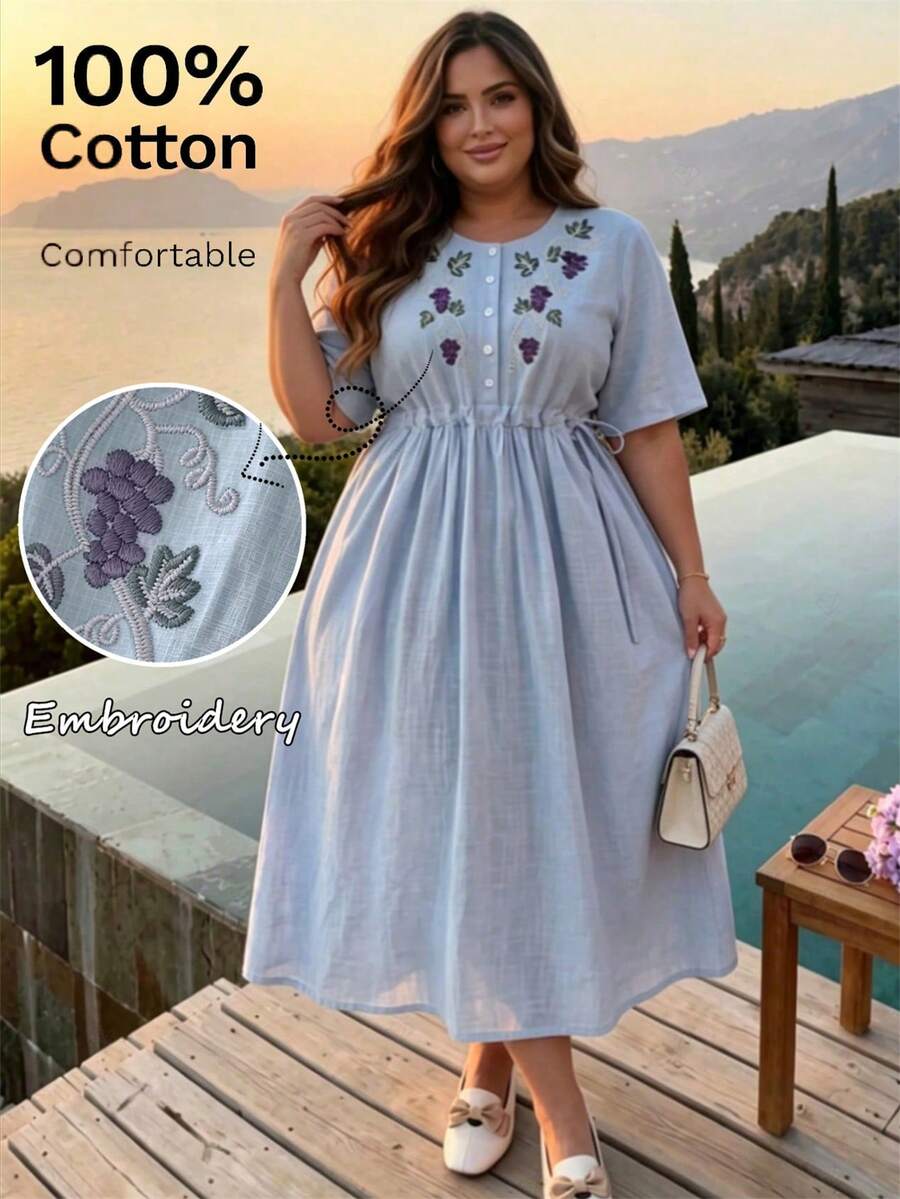 Gaun Liburan Wanita Ukuran Besar dengan Tali Serut Longgar dan Bordir Bergaya Vintage, Elegan untuk Musim Semi/Panas - Baby Blue - View 1