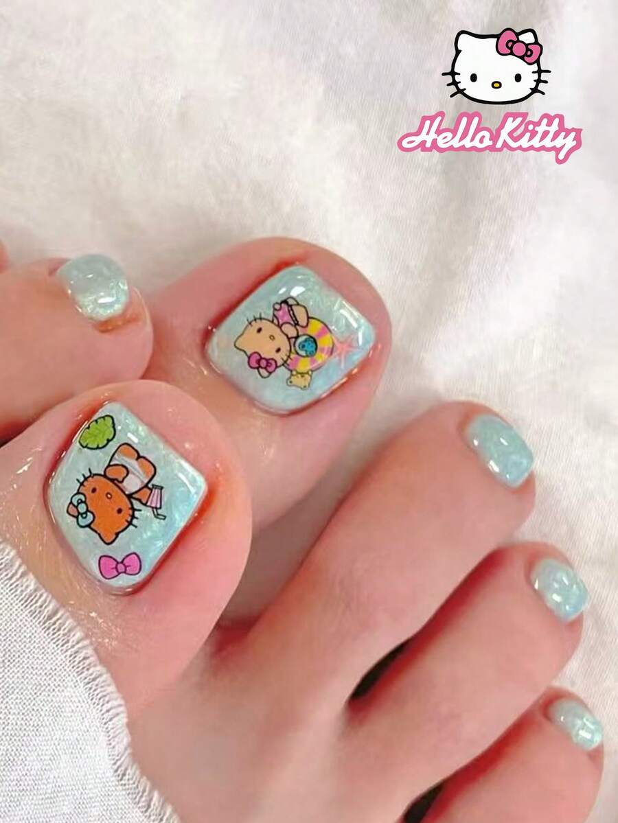 Sanrio Hello Kitty 24片裝 Y2K 短方型法式穿戴式腳趾甲片,海灘 Hello Kitty 與海洋設計,春季腳趾甲、夏季腳趾甲,完美貼合的壓克力假腳趾甲,含 1 片果凍膠和 1 個指甲锉,適合女孩日常與派對使用 - 彩色 - 查看 1