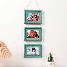 1pc Rustic Distressed Teal Wooden Hanging Collage Photo Frame Set, Rope Chain Connected Multi-Hole Wall Hanging Photo Frame, Vintage Gold Frame, Suitable For Family And Couple Photos, Bedroom Living Room Gallery Wall Home Decor - Green - View 13