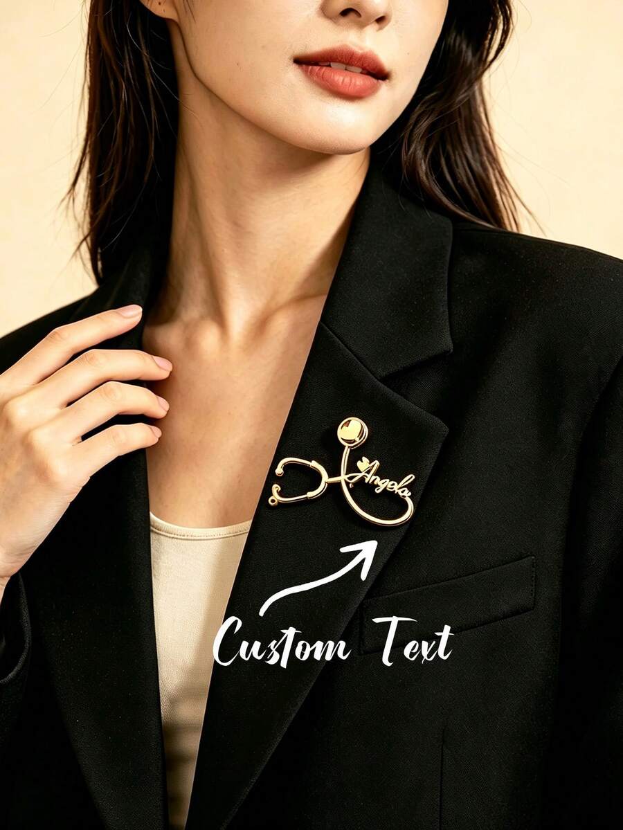 Custom Name Pin Personalized Stethoscope Brooch Diy Signature Brooches Memorial Nameplate Brooch Stainless Steel Jewelry Nurse Doctor's Keepsake Gift - Multicolor - View 1