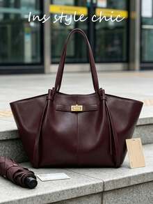 Metal Buckle Minimalist Decoration, Soft Smooth Leather Fabric, Large Capacity To Meet Diverse Storage Needs, Twist Lock Closure Design, Suitable For Daily Commute, Casual Shopping, Short Trips, Versatile Fashion Shoulder Tote Bag - Burgundy - View 6