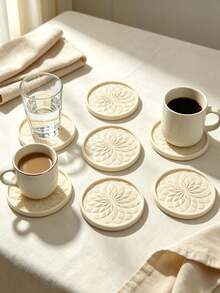 1/2/5pcs Neutral Minimalist Style Drink Coasters, Embossed Texture Round Coasters, Suitable For Coffee Cups, Living Room Kitchen Bar Counter Home Desktop Decoration, Practical Housewarming Gift, Home Decor Gift For Family And Friends - Multicolor - View 2