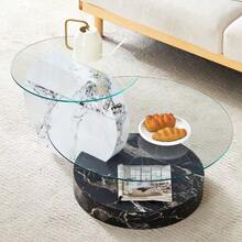 Modern Minimalist Double-Layer Tempered Glass Coffee Table, Multi-Level Design, High-Quality MDF Support Structure With White Marble Finish. Multiple Colors Available. - 黑與白 - 查看 3