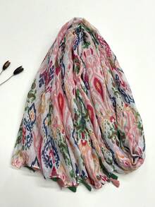 1件簡約印花女款圍巾，時尚新款防曬海灘披肩，亞麻質感絲綢女用圍巾 - 紅色 - 查看 7