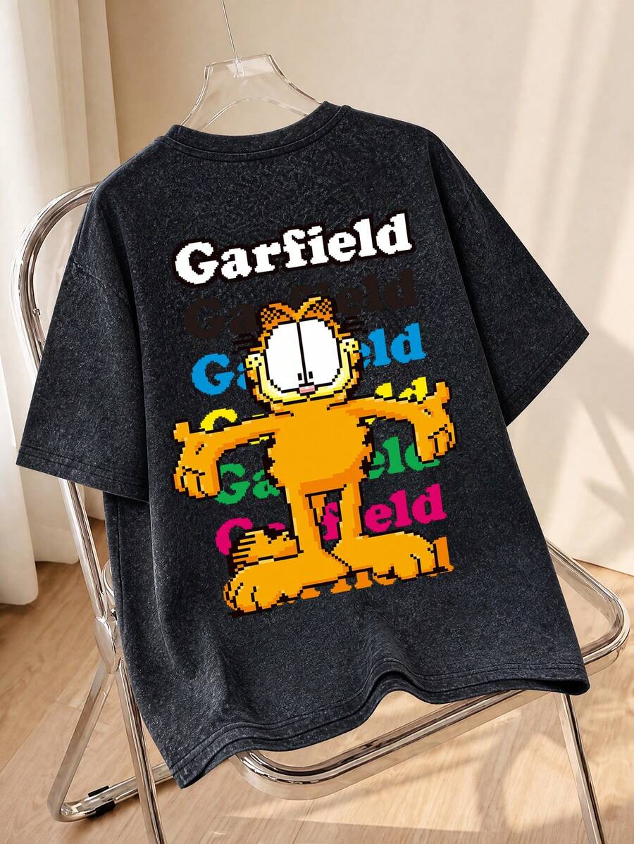 SHEIN | Garfield 水洗灰雙面T卹,復古像素卡通貓多色堆疊字母印花寬鬆短袖街頭黑 - 黑色 - 查看 1