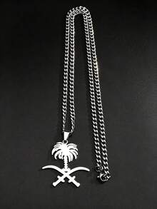 Saudi Arabia National Emblem Palm Tree Crossed Ali Sword Pendant Necklace Stainless Steel Gold Color Islamic Arab Chain Jewelry - Necklace - View 5