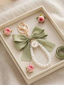 1pc Customized Name Pearl Bow Keychain, Bridesmaid Gift Accessory, Silk Ribbon Bow Bag Charm, Elegant Engraved Key Ring, Wedding Party Favor, Bridal Shower Gift - Multicolor - View 6