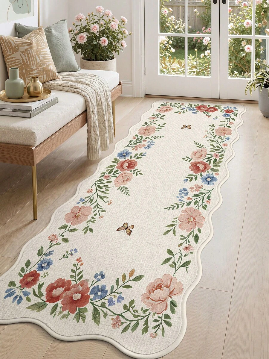 DAJIANG 1pc Floral Fresh Long Runner Rug, Suitable For Bathroom, Kitchen, Outdoor, Hallway, Bedroom, Living Room, Machine Washable Easy Clean Non-Slip Entryway Mat, Bedroom Autumn Decor Rug Accessory