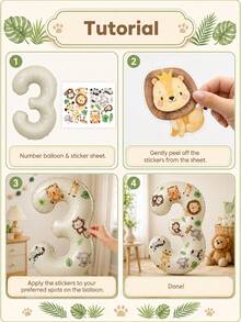 3pcs Jungle Animal Sticker Set, Includes 32-Inch Cream Color Foil Number Balloon, Suitable For Birthday Party, Baby Shower Decoration, Photo Props And Party Supplies - View 4