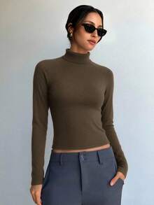 Women's Autumn/Winter New Minimalist Solid Color Turtleneck Long Sleeve Knit Sweater, Classic Timeless Slim Fit Design, Soft And Comfortable Fall - Brown - View 8