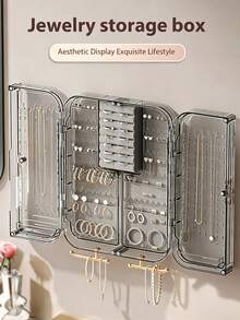 Wall Mount Double Sided Jewelry Storage Organizer, Large Hanging Jewelry Box For Necklaces Earrings Rings Bracelets, Dustproof Accessory Display Holder For Wall & Closet - Grey - View 3