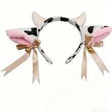 Plush Cow Ear Headband With Bell, Bow And Ribbon, Anime Lolita Style Animal Party Cosplay Costume Accessory - Black and White - View 2