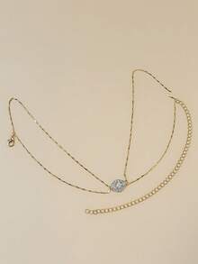 1pc Niche Elegant Double-Layer Chain Rhinestone Inlaid Choker Necklace, Geometric Delicate Versatile Necklace Jewelry For Women - Gold - View 5