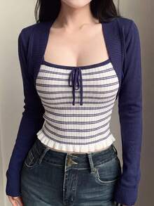 Contrast Stripe Camisole With Bow Accent & Shrug Cardigan 2 Pieces Set, Spring/Summer - Navy Blue - View 2