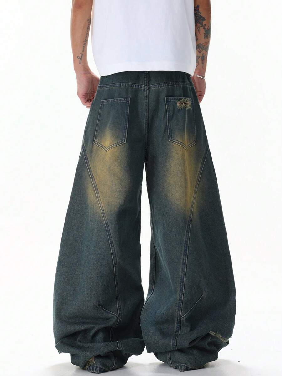 Hearty Haven 1pc Japanese Retro Men's Distressed Ripped Curved Leg Wide Leg Loose Casual Comfortable Fashion Versatile All-Season Denim Pants - No Belt And Accessories - Blue - View 1