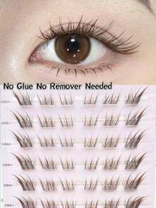 60pcs Glue-Free Self-Adhesive False Eyelashes, Fox-Style Slanted Gentle Natural Realistic Brown Transparent Stem C-Curl Upper Lashes - C - View 1