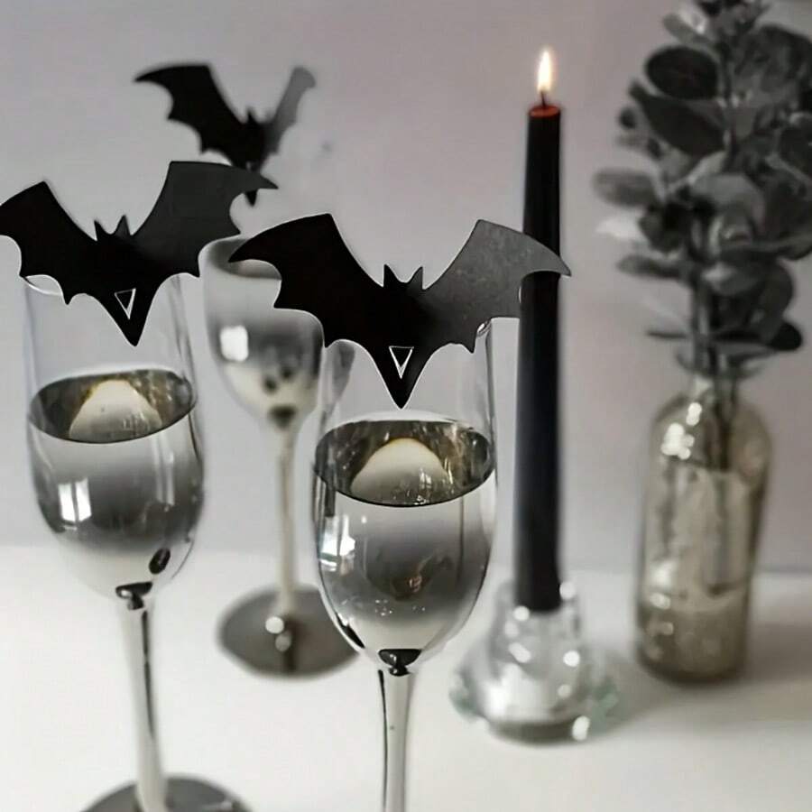50pcs Halloween Bat Wine Glass Decor - Gothic Horror Party Accessories, Suitable For Cocktails And Spooky Celebrations - Decoration - View 1