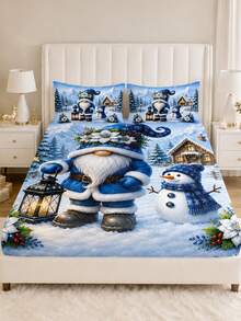 3PCS Winter Christmas Atmosphere Bedding Set, (1PC Fitted Sheet + 2pcs Pillowcases, Pillow Inserts Not Included,) Polyester Digital Print, Cartoon Gnome Pattern, Cartoon Cozy Christmas Non-Slip Bedding Set, Machine Washable, Bedroom Holiday Home Textile - Multi-color 3 - View 6