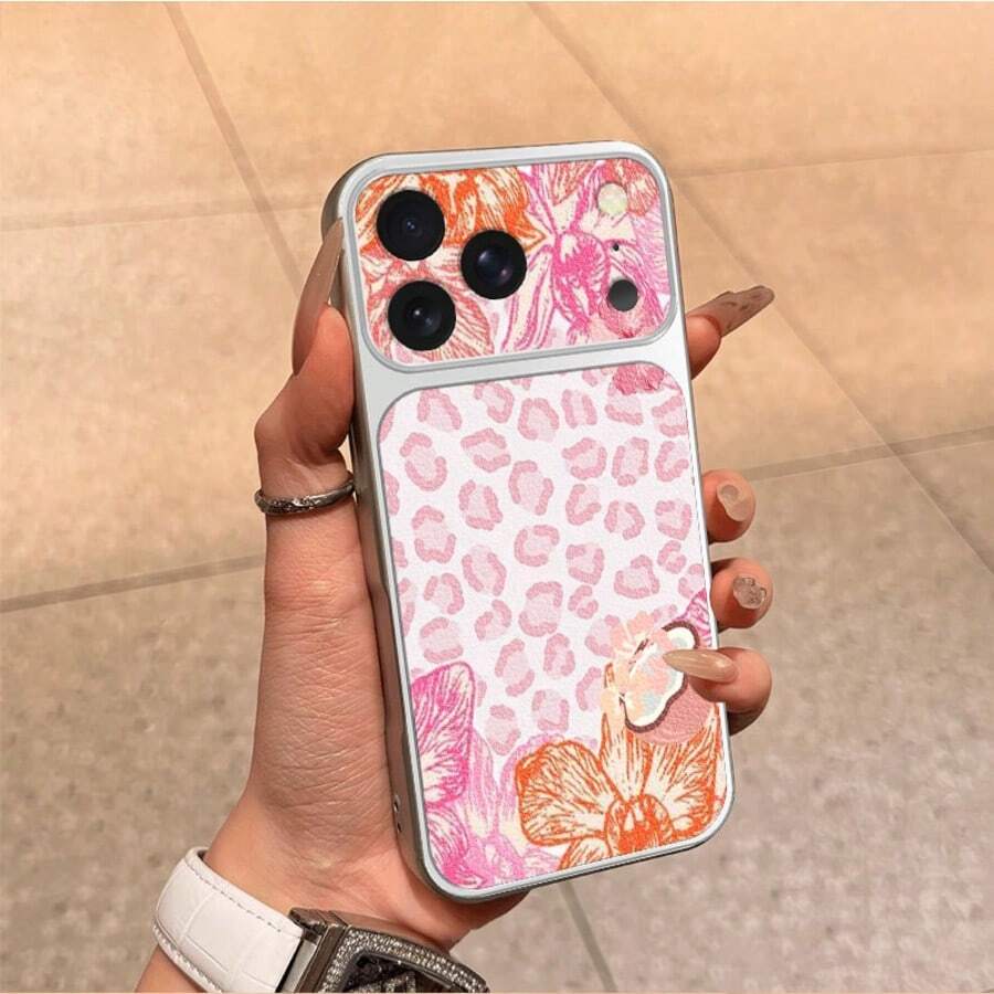 1 buah Casing Ponsel TPU Motif Leopard Pink Motif Bunga Tropis Kompatibel dengan iPhone 17 Pro Max/17/16 Pro Max/15/14/13/12/11 Perlindungan Penuh Anti Jatuh Soft Shell - Perak - View 1