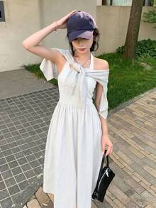 法式風格海軍藍無袖細肩帶背心洋裝 女款夏季華麗優雅白色洋裝 - 白色 - 查看 4
